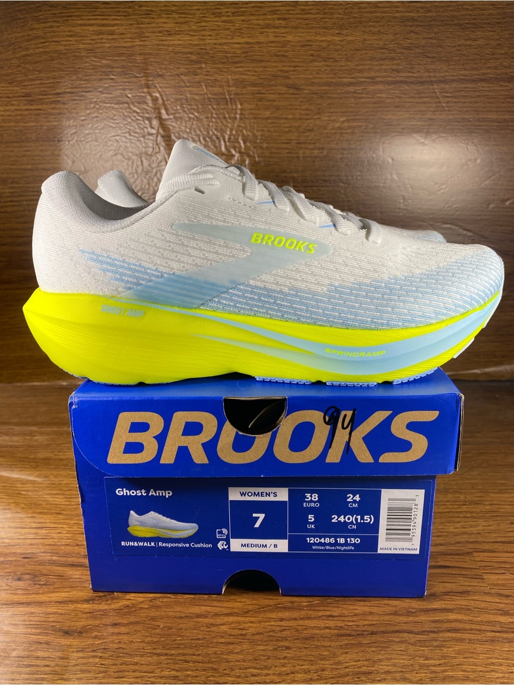 Brooks Ghost Amp Women's Running Shoes in White and Neon Yellow